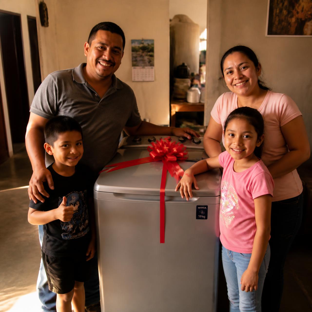 Familia mexicana estrenando un electrodoméstico nuevo en casa