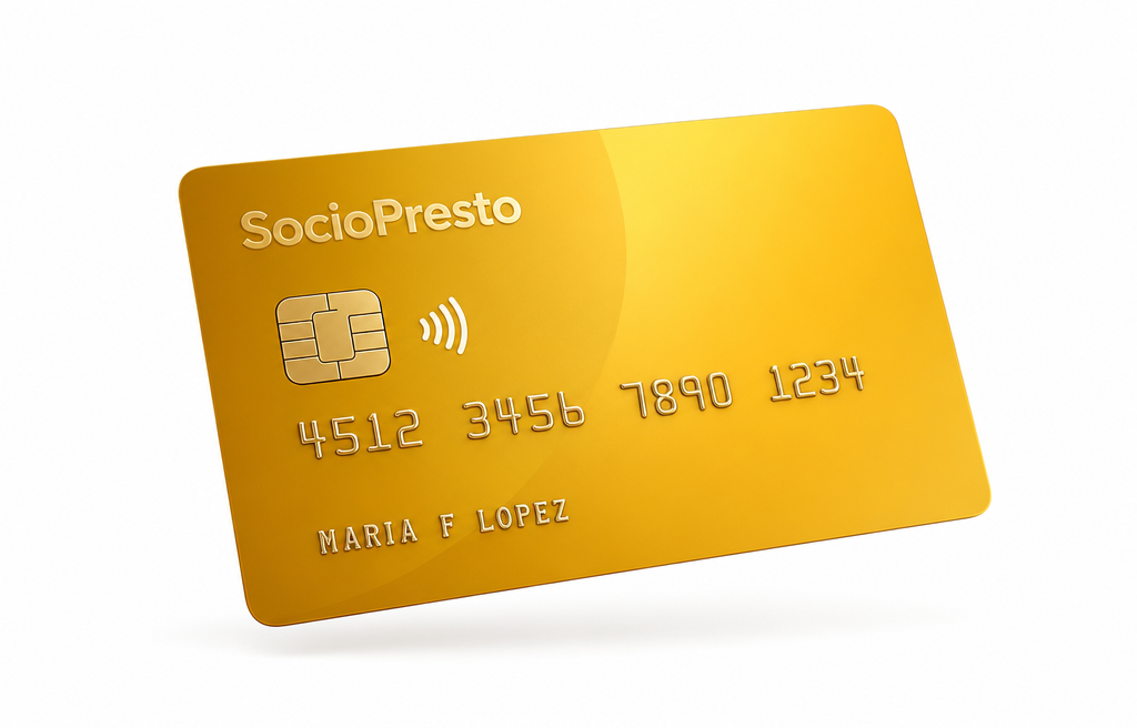 Tarjeta de crédito SocioPresto en color dorado